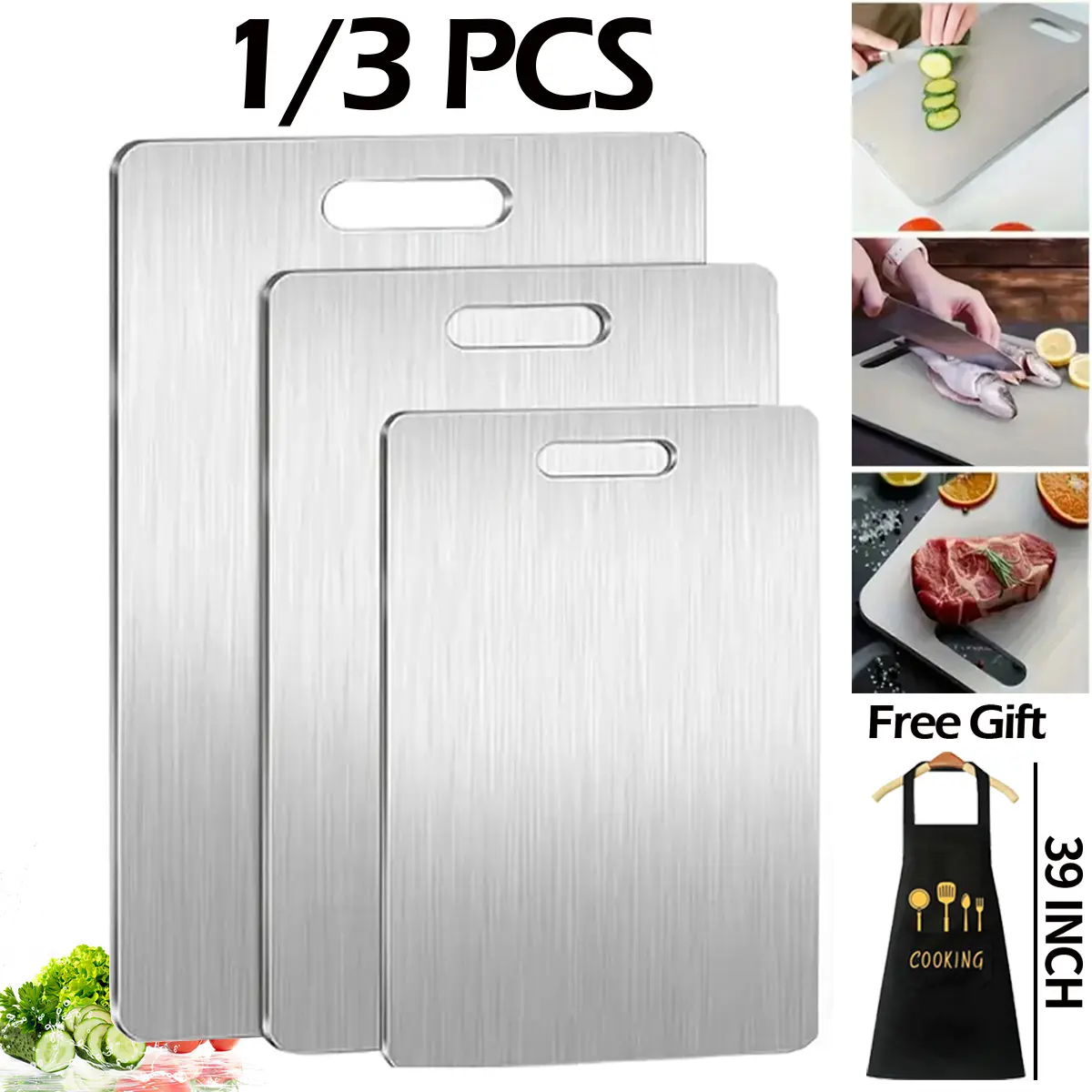 1/3 PCS Stainless Steel Chopping Board Set with Apron, Kitchen Knife-Friendly Cooking Cutting Board, Rust-Resistant, Easy to Clean, Space-Saving, Rectangle, Halloween-Christmas Gifts