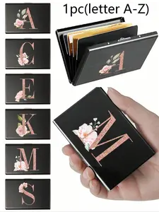 1pc -6 Card Slots Slim Card Case Rose Gold Initial Name A To Z Pattern Wallet ID Bank Credit Card Holder Business Card Holder Minimalist Thin Aluminium Metal Wallets Bank Card Box RFID Women Purse Men Metal Card Holders Organizer