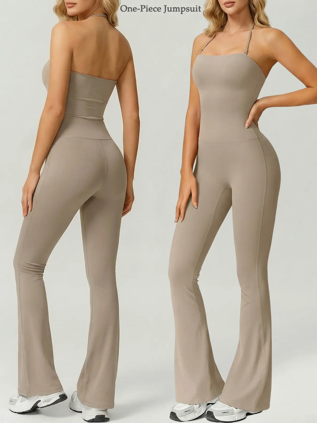 Women's Sleeveless Loungewear Bodysuit, Sleeveless Jumpsuits, Stretchy Jumpsuit, Solid Color Jumpsuit, Adjustable Spaghetti Straps High-Stretch Bodycon Flared Pants Open Back Yoga Outfit Vacation Travel Casual Slim Fit Sleepwear