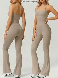 Women's Sleeveless One-Piece Loungewear Bodysuit Adjustable Spaghetti Straps Comfortable High-Stretch Bodycon Flared Pants Open Back Yoga Outfit, Yoga Jumpsuit, Suitable for Vacation Travel Wear Layering All-Season Solid Color Slim Fit Sexy Sleepwear