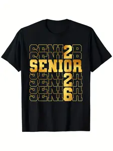 Men's Short-Sleeve Casual T-Shirt - 2026 Graduate Senior Graduation Top, Black with Gold "SENIOR" Print, Cotton Round Neck, Classic Fit, Skin-Friendly Soft Smooth Fabric, Machine Washable, Summer Wear for Students, Shortsleeve, Casual T-Shirts