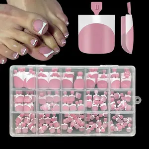 150-Pack French Press-On Toes - Pre-Designed Square Soft Gel Wide Toe Nail Extensions, Berry Pink Full-Cover Acrylic DIY Kit with 15 Sizes