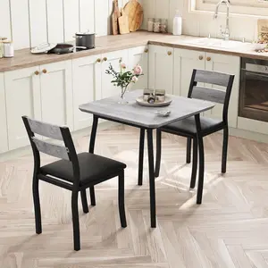 3 Piece Dining Table Set for 2, Small Kitchen Table Set with 2 Upholstered Chairs and Metal Frame & Wood Tabletop, Apartment, Home Kitchen, Grey