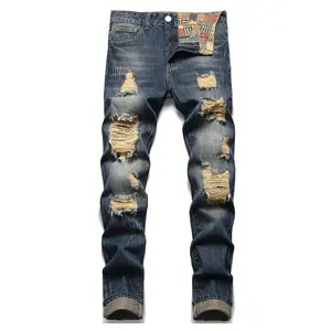 Men Ripped Straight Leg Jeans