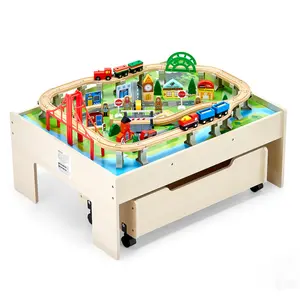 VEVOR Train Table,  100 Multicolor Pieces Wooden Kids Activity Table with Rolling Storage Drawer, 3-in-1 Wooden Train Set for Gaming, Drawing, Reading, Eating, Creative Toy Set for Kids Ages 3+