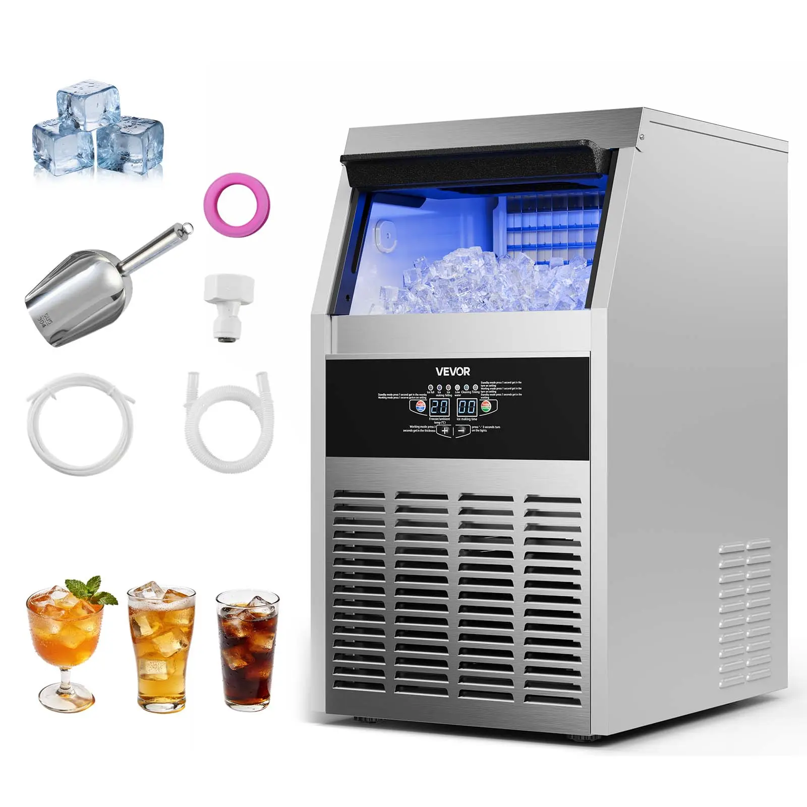 【Summerfinds】VEVOR Commercial Ice Maker Machine, 130 lbs/24h with 30 lbs Storage Capacity, Built-in/Freestanding/Under Counter, Stainless Steel Ice Maker with LED Display & Self-Cleaning, for Home Bar Restaurant, Residential