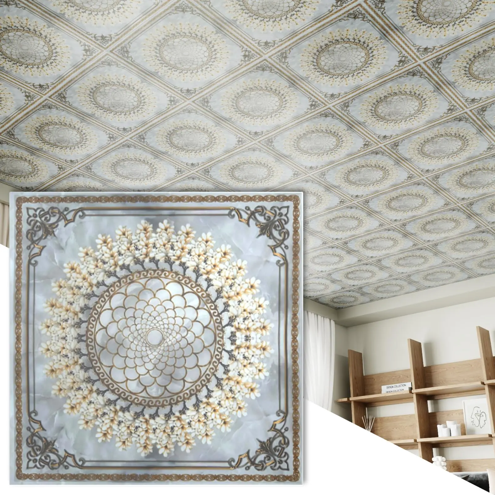LOOYEE 24 PCS 2x2 Ft Gilded Floral Decorative Ceiling Tiles Durable PVC Panels Waterproof Ideal Decorative Tiles  (Covers 96 Sq.Ft)