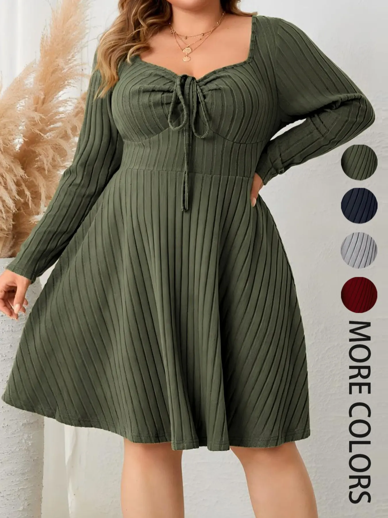 Plus Size Solid Drawstring Sweetheart Neck A-Line Dress, Feminine Chic Basic Casual Long Sleeve Ribbed Dress for Fall, Women's Fitted Clothes for Daily Wear, Womenswear, Lady