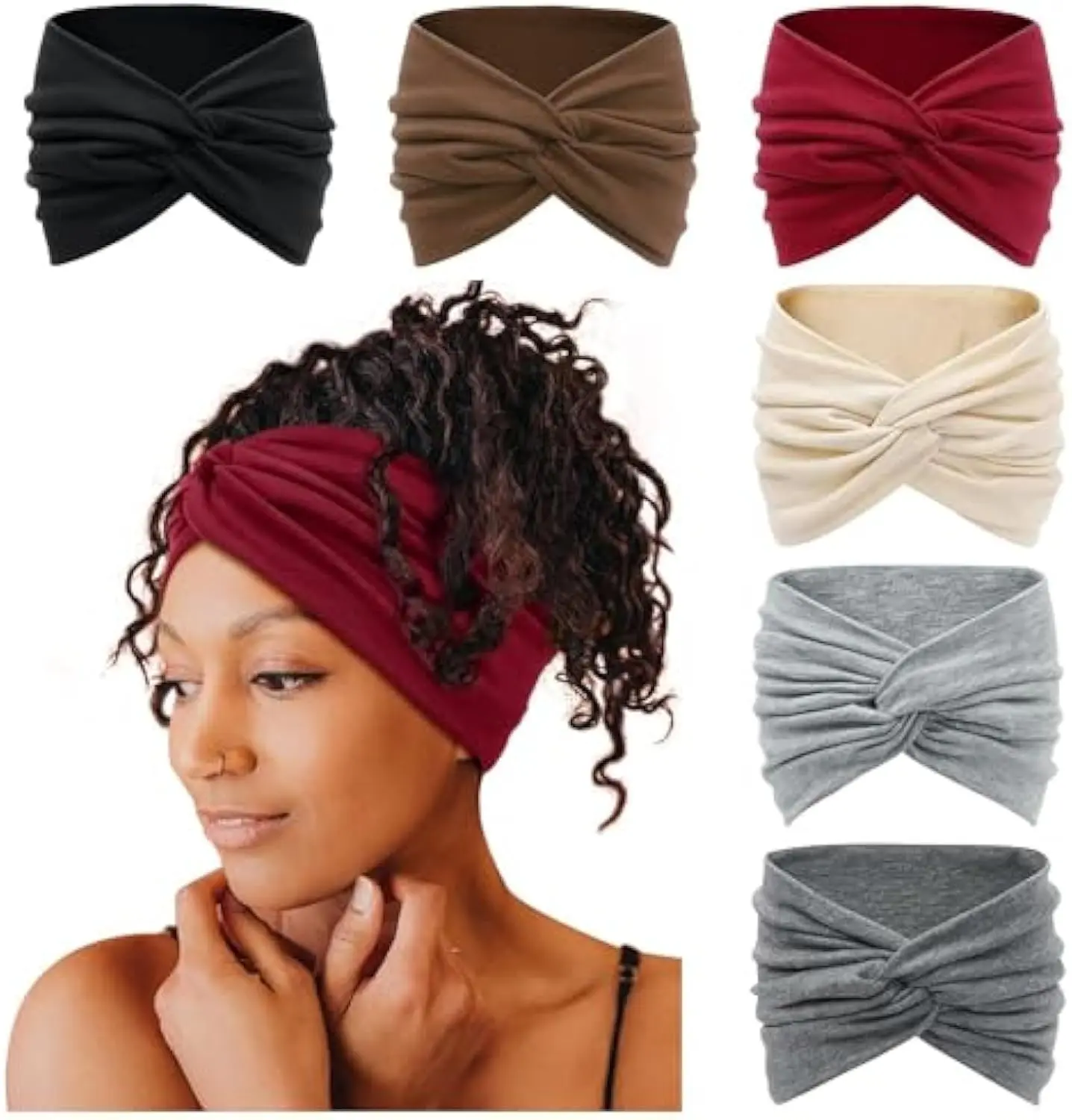 Women's 6PC Headband Set, Wide Turban Headbands, Boho Knot Twist Hair Accessories, Large Twisted Knot Hairbands