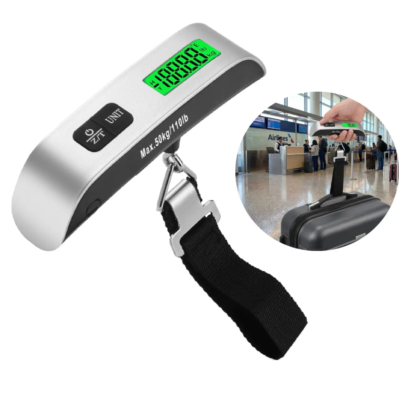 Digital Luggage Scale, 110lb Portable Suitcase Weight Scale for Travel with Backlit LCD, 4-Unit Switching, Non-Slip, Luggage Scale for Luggage, Backpacks, Packages (Battery Included)
