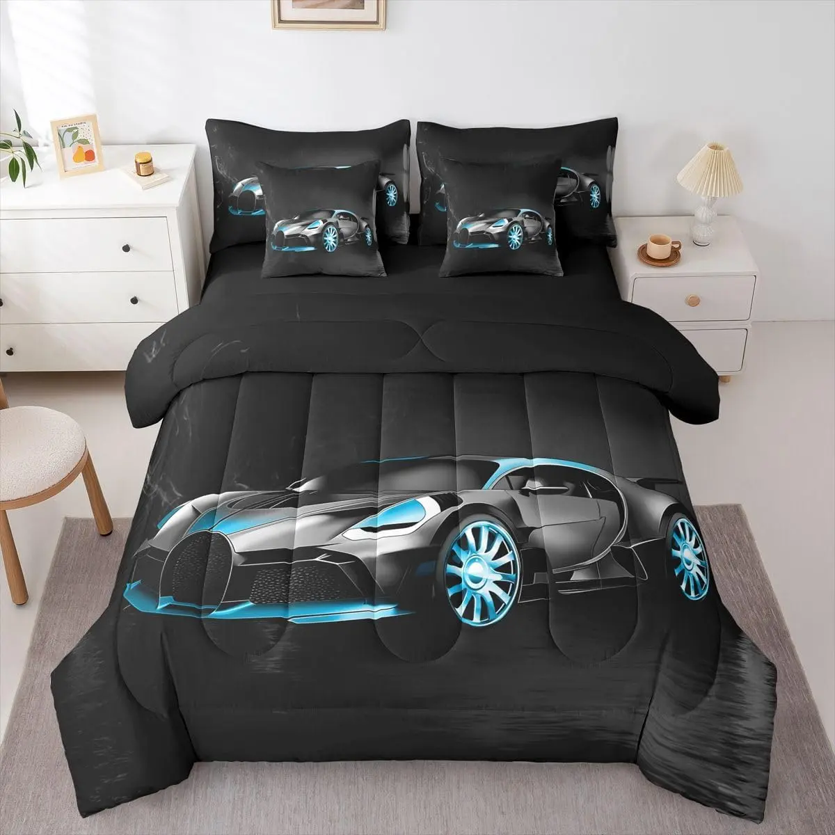 Sports Car 7 Piece Bedding Set Stylish Black Race Car Comforter Set with Sheets Extreme Sports Theme Bed in a Bag Cool Speed Luxury Car Decor Bed Set with 1 Pillowcase