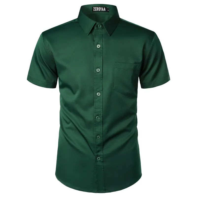 ZEROYAA Men's Slim-Fit Short-Sleeve Dress Shirt - Stretch Fabric, Chest Pocket, Plain, Low Iron, Urban Style, Button Closure, Hand Wash, Wardrobe Staples, Casual Shirts