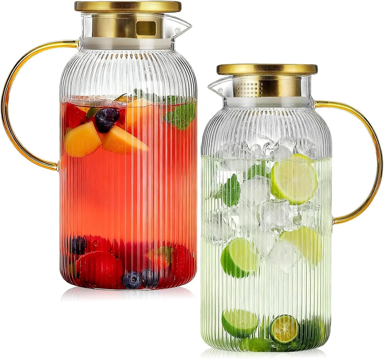 2Pack 68oz Classic Premium Glass Pitcher - Heat Resistant Steel-Reinforced Drink Carafe with Lid, Handle, Stripes for Family Use (Fruit Tea, Juice, Kitchen & Living Room)