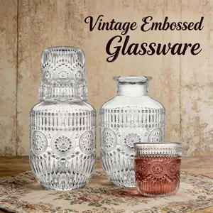 Set of 1/2 Large Capacity Vintage Embossed Glass Bedside Water Carafe & Tumbler Set, Aesthetic Hotel Grade Shatterproof Water Pitcher with Dustproof Inverted Cup, Food Grade Material, Lead Free Drinkware for Bedroom Nightstand Living Room Hosting
