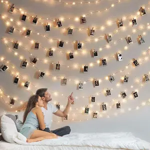 Indoor Photo Clip String Lights - 33Ft 100LED Fairy Lights with 50 Clear Clips, Timer, for Bedroom, Christmas Décor