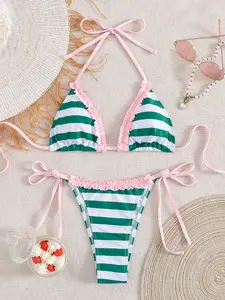 Women's Cute Green & White Stripe Bikini Swimsuit Set - Pink Accent Bathing Suits with Side Ties, Beach Outfits for Summer Beach Vibes,summervibes