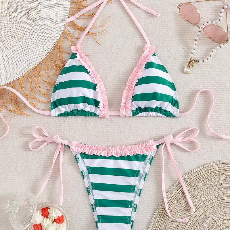 Women's Cute Green & White Stripe Tie Back Bikini Swimsuit Set Pink Accent Bathing Suit with Side Ties, Summer Beach Outfit, Tie Back Bikinis