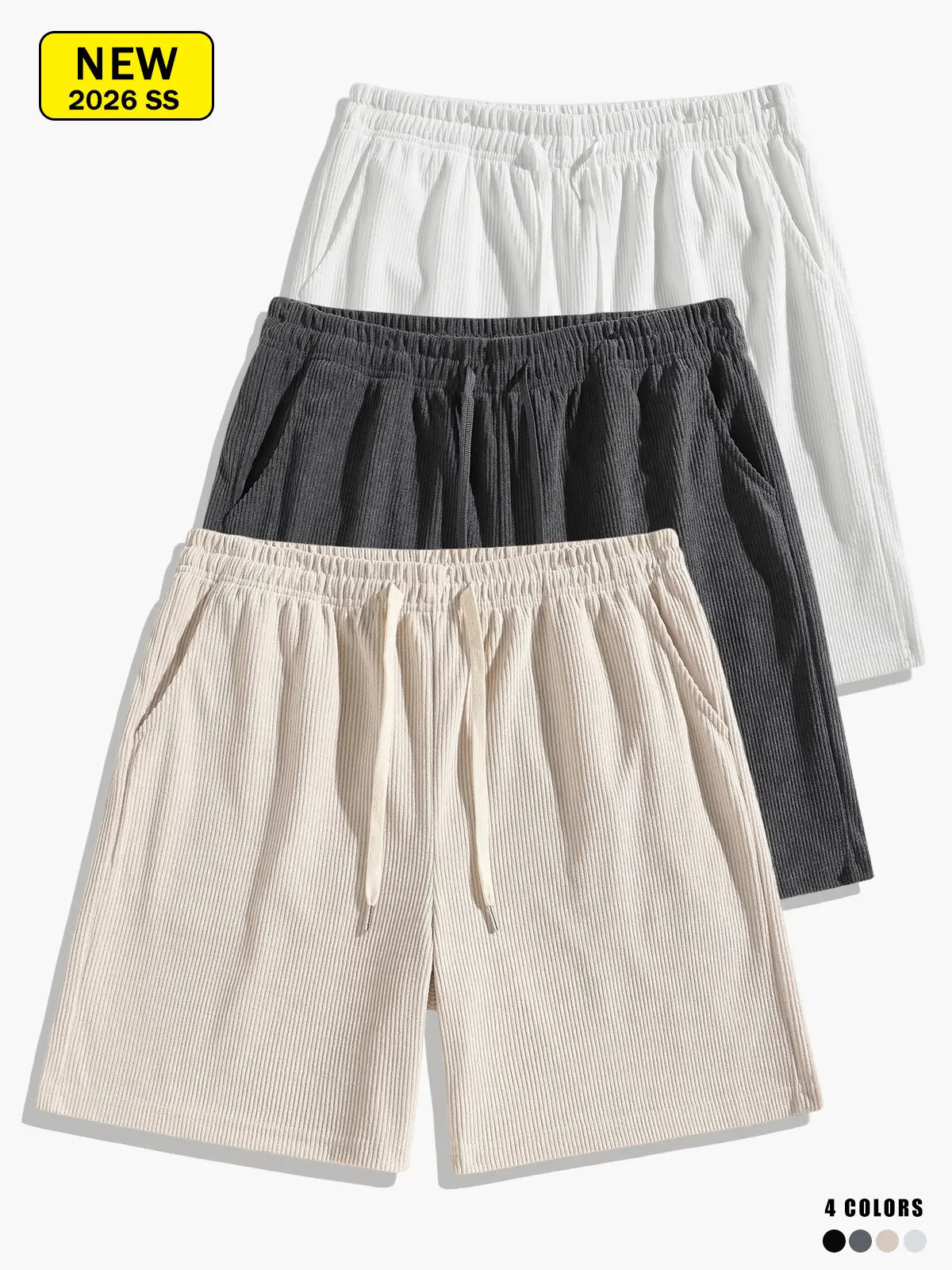 Men’s solid-color corduroy casual shorts with elastic drawstring waist and pockets, suitable for everyday streetwear outings.