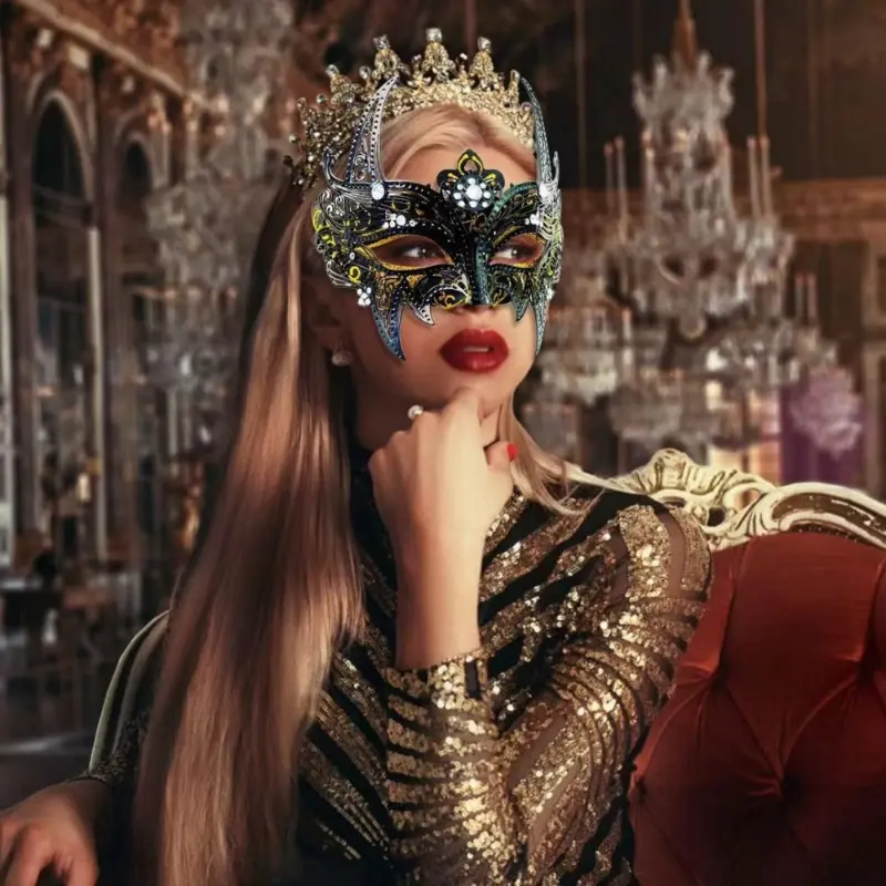 Women's Elegant Metallic Iron Masquerade Mask - Sparkling Diamond-Style Horns, Floral Pattern, Reflective Golden-Tone Party Accessory for Balls, Carnival Events, Model Te1843317
