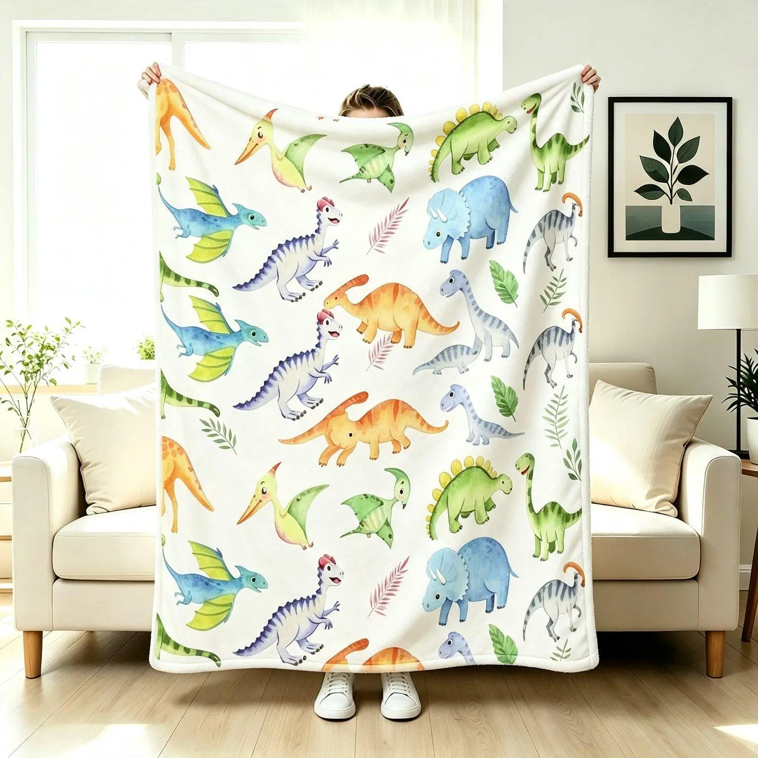 Cute Watercolor Dinosaur Print Fleece Throw Blanket Soft Plush Lightweight Prehistoric Animal Themed Blanket For Boys Girls Bedroom Decor Cozy Bed Sofa Blanket Great Dino Lover Gift