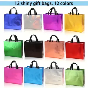 12/24-Pack Holographic Silver Reusable Handle Bags, Iridescent Medium Goodie Bags for Hand Tool Kits, Birthday Party Favors Gift