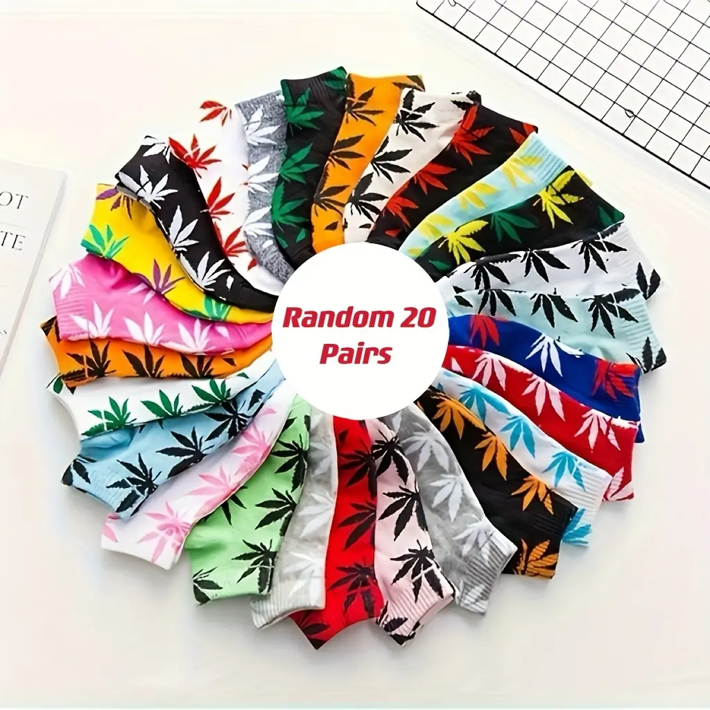 Women's Multicolor-20 Pairs Maple Leaf Print No Show Ankle Socks, Casual & Sports Socks for Women, Bridal Womenswear Hosiery, One Size