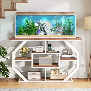55-75 Gal Aquarium Stand with Power Outlet – Faux Marble Fish Tank Stand for Turtle Tank, Reptile Terrarium, 860 lbs Capacity - White & Gold
