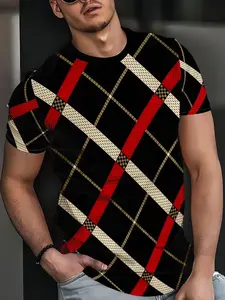 Men's Casual Polyester Knit Sweater, Rhombic Rhythm 3D Digital Print T-Shirt, Streetwear, Street Hip-Hop Style, Round Neck Short Sleeve, All Season Comfort, Tops