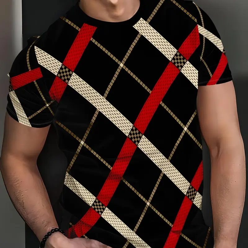 Men's Casual Stretch Polyester Knit Sweater, Rhombic Rhythm 3D Digital Print T-Shirt, Tops, Streetwear, Street Hip-Hop Style, Round Neck Short Sleeve, All Season Comfort, Menswear