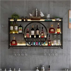 Wine Rack Wall Mounted 3 Tier Metal, Floating Shelves For Kitchen With LED Light, Hanging Floating Bar Liquor Bottles Bar Wall Shelves, Liquor Bar Display Shelf, For Home Bars Kitchen(Black,140x80x15c