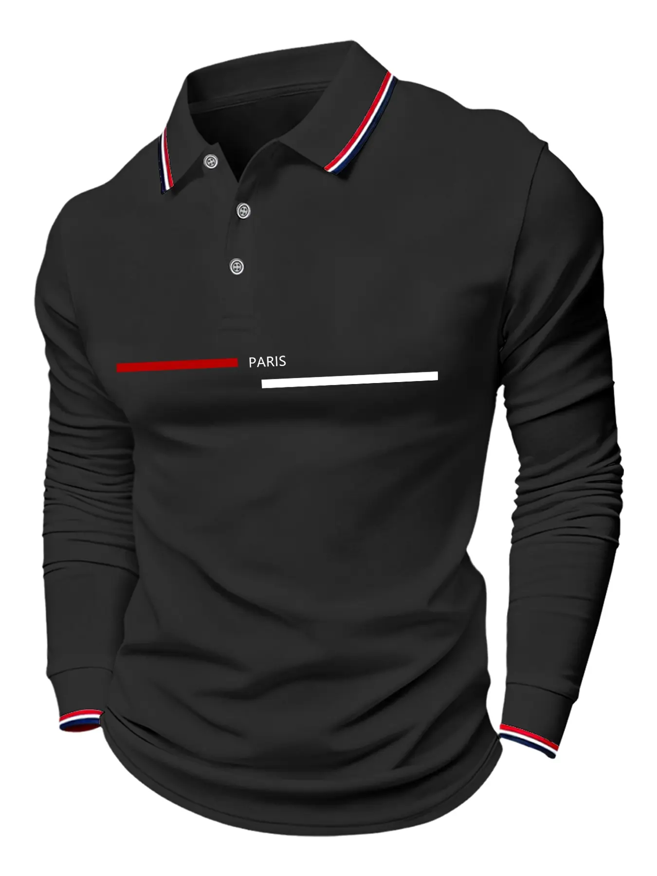 Men's Buttoned Polo Neck Casual Collared Long Sleeve Sweater, Menswear, Paris Letter Block Print Design, Casual Classic Fashion Fitted Pullover Tops for Spring Fall Winter