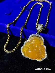 Sparkling Smiling Buddha Pendant Necklace, Exquisite Lucky Amulet Jewelry for Men Women, Daily Wearing Accessories, Ideal Gift, Cuban Link Chain