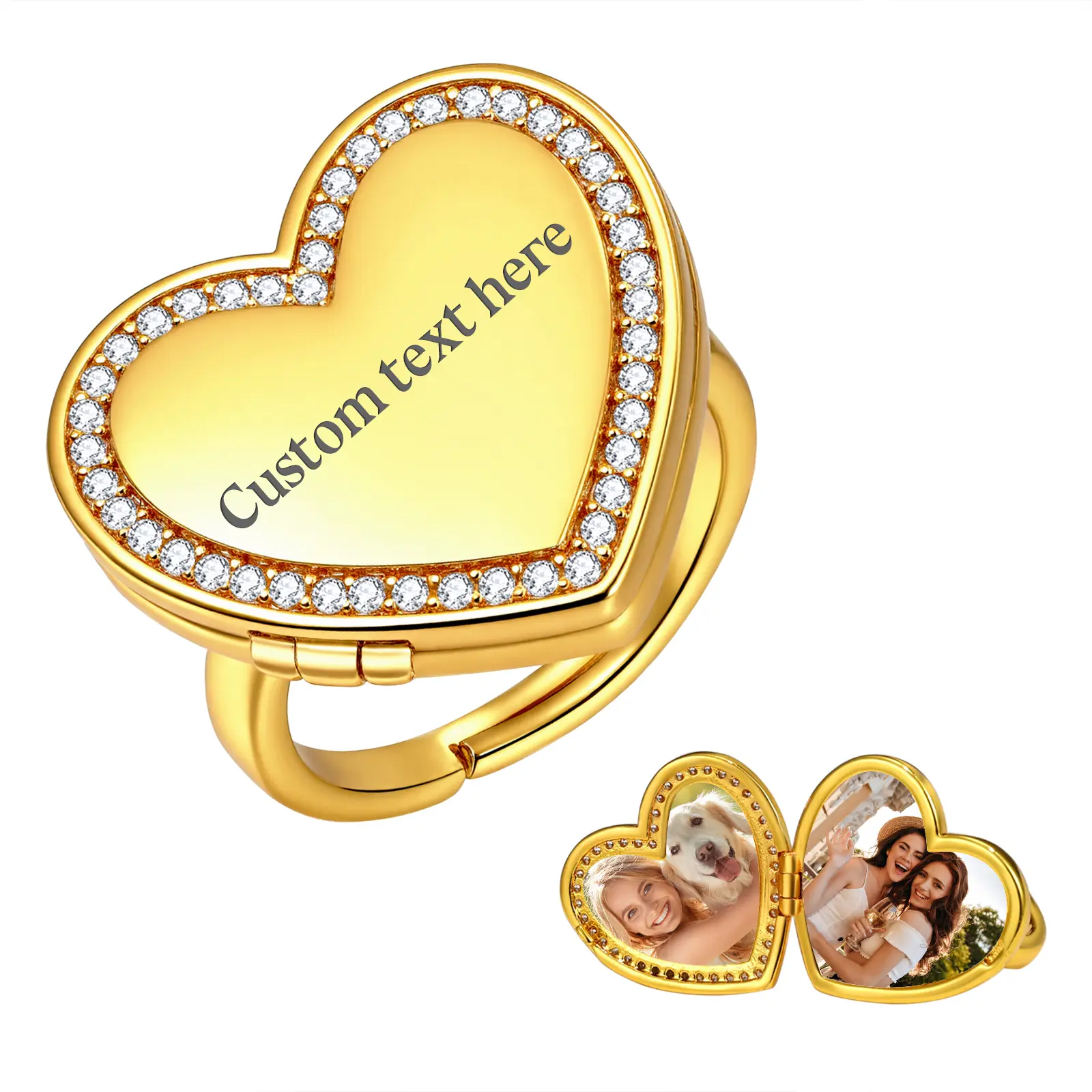 OIDEA Women's Heart Photo Locket Ring - Solid Brass, Polished, Cubic Zirconia, Engravable Personalized Jewelry, Keepsake Memorial Piece, Custom Meaningful Anniversary Gift, Beautiful Ring, Cubic Zirconia Rings