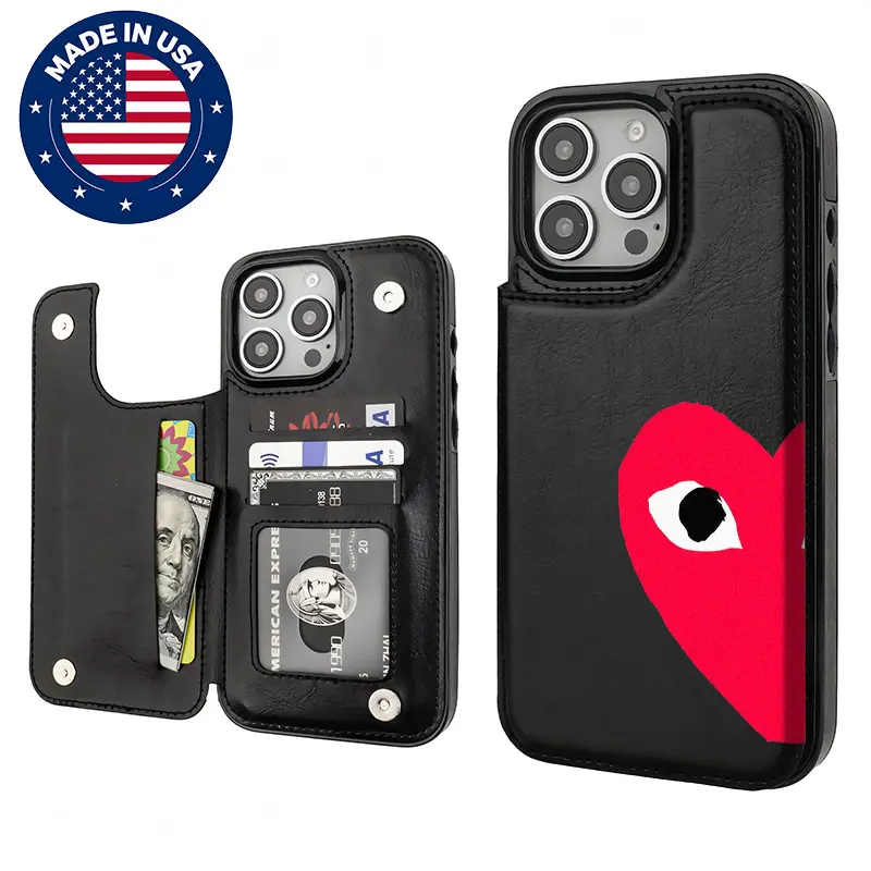 Custom LOVE Aesthetic Vintage TPU-PU Leather Smartphone Casing with Card Holder, Shockproof Protection, Anti-Scratch Cover for iPhone 16/15/14/13/12 Plus Pro Max Handheld Devices Accessory