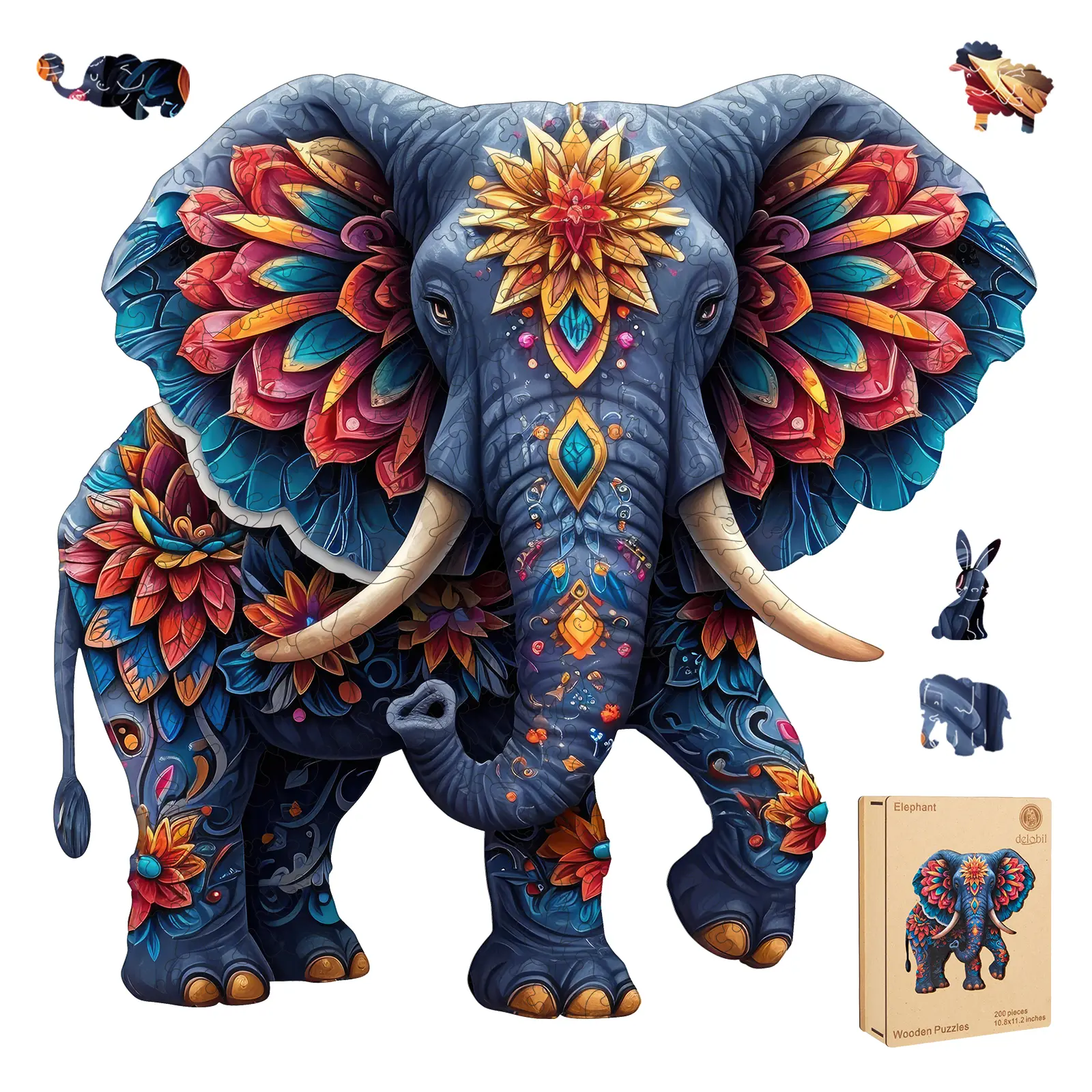 Birthday Gift / Toy/ Kidult Selected Gifts for Father's Day Delobil Premium Thick Puzzles for Adults with Puzzle Saver, Unique Adult Jigsaw Puzzles, Brain Teaser Family Game Gift, Leisure Time Fun Challenge & Stress Relief-Elephant-200pcs