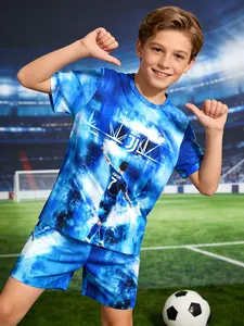 Boys' Blue Ink Background Juventus Badge Ronaldo Backprint Football Tee & Short Set, Casual Summer for Parties, Vacation, School