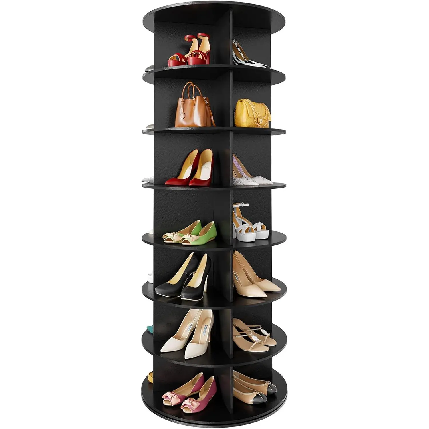 7 Tier Rotating Shoe Rack Tower, Spinning Shoe Display Lazy Susan, Revolving 360 Shoe Rack Storage Round Carousel, Vertical Handbag Rotate Shoes Closet Organization (7-Tier Black)