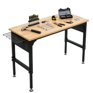 60‘’Adjustable Heavy Duty Workbench,60‘’X23‘’DX43‘’H with 27.9\''-43.4\'' heights & 2300 LBS Hardwood Work Table with Pegboard, Power Outlet and Foot Pads, Work Bench for Workshop, Garage, Commercial, Office