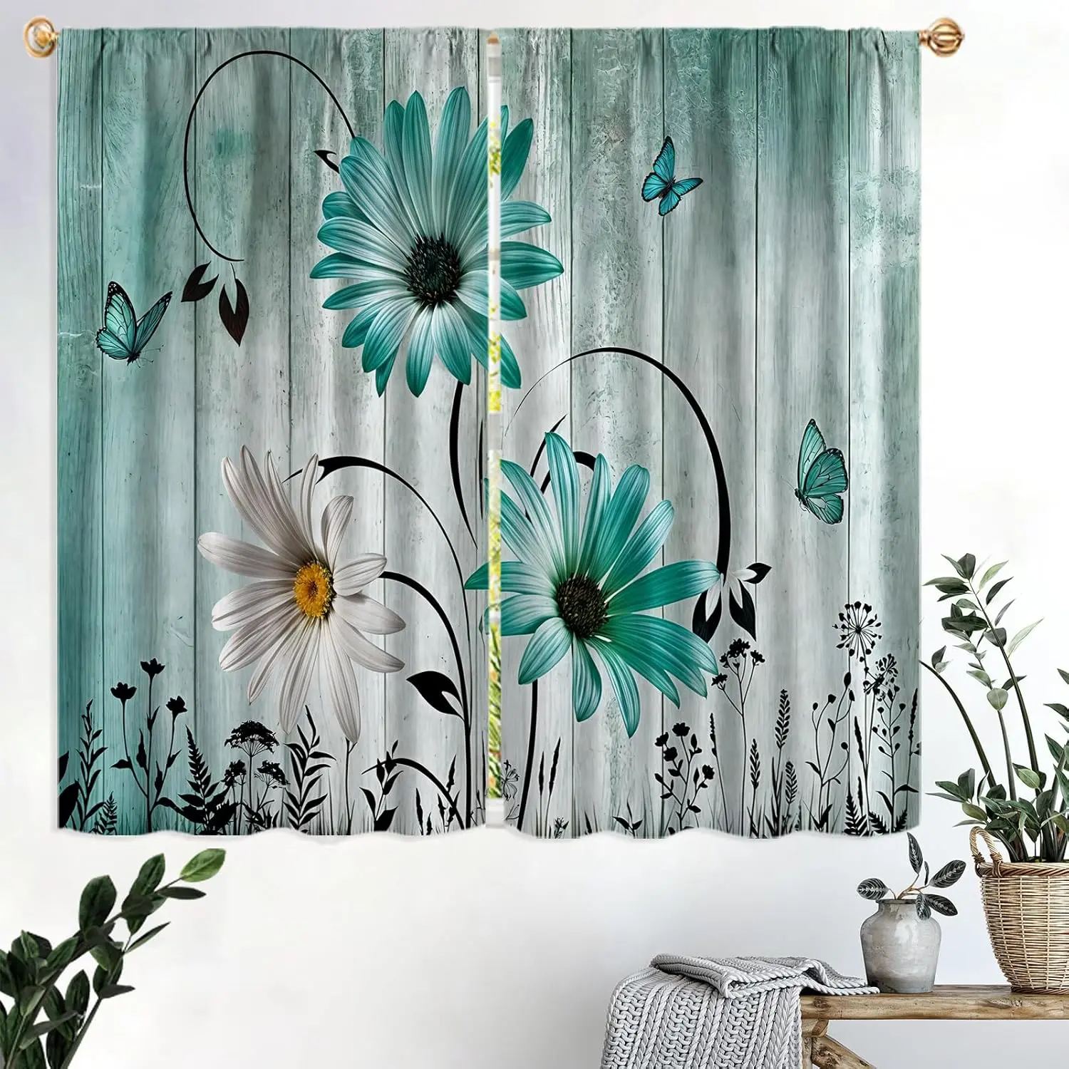 Teal Aqua Daisy Floral Kitchen Curtain 27.5W X 39L Inch 2 Panel Rod Pocket Rustic Flower Farmhouse Turquoise Butterfly Wooden Small Short Cafe Tier Window Drape Country Vintage Bathroom Decor