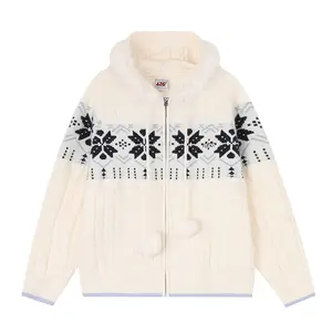 F426 Official Store Fall New Arrival Fur Rim Hooded Fair Isle Sweater with Pum Pums