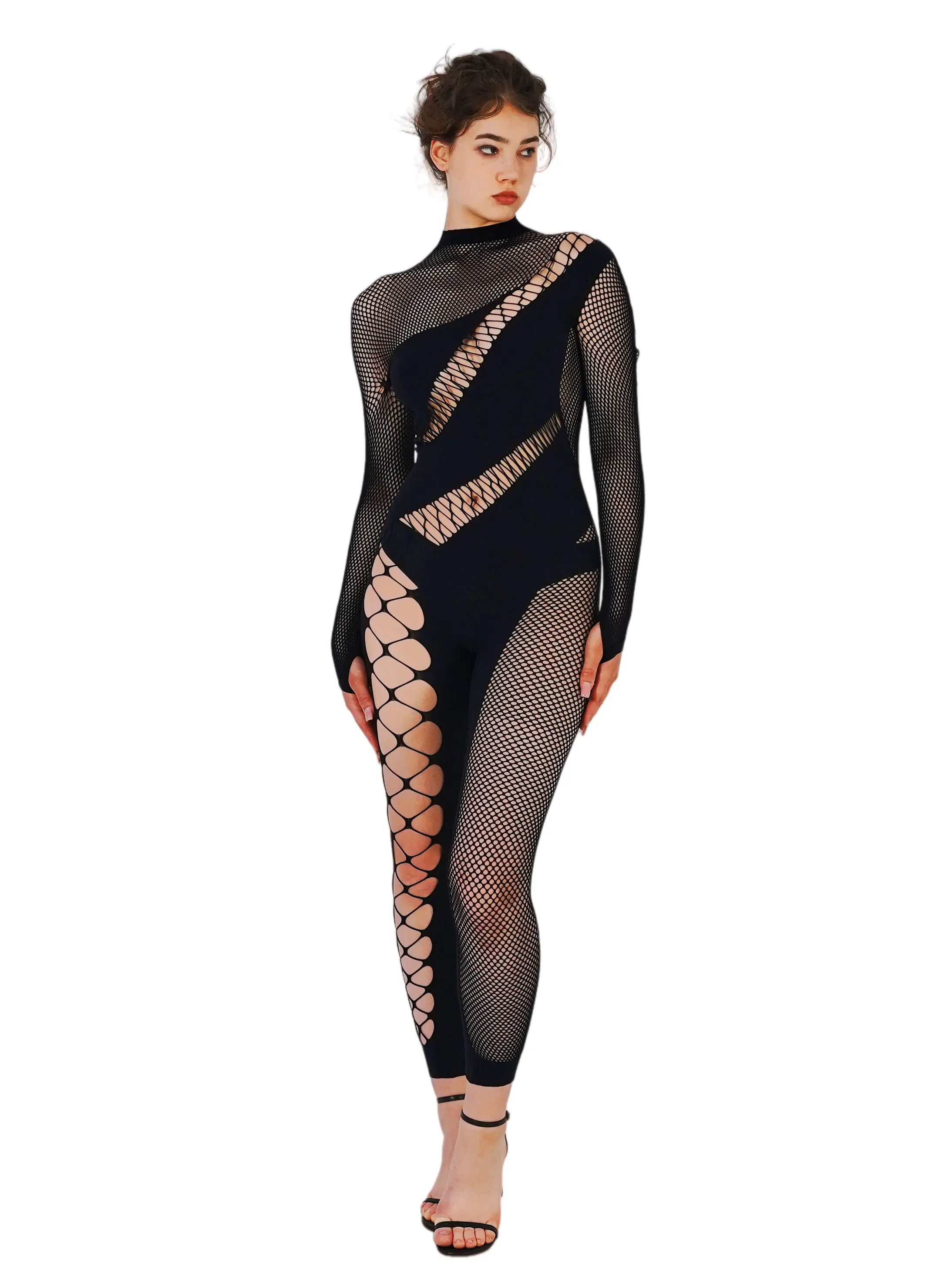 Tight-fitting Jumpsuit Soft Black High Neck Long-Sleeve Fabric Bodycon Jumpsuit - Sheer Mesh Panel Cut-Out Full-Length Statement Piece for Evening, Club Wear