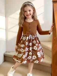 Girls' floral print patchwork long sleeved dress, adorned with bows and buttons, elegant and versatile, suitable for gatherings, games, parties, music festivals, machine washable and dry cleanable, Floral Pattern Dress