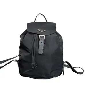 Pre-owned PRADA nylon Backpacks Authentic Vintage Black Drawstring Backpack with Triangle Logo Lightweight & Durable for Daily Use Classic Drawstring Closure & Adjustable Straps