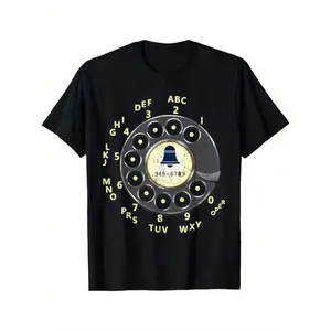 [Vintage Phone T-Shirt] Vintage Dial Phone Printed T-Shirt - Summer Casual Short Sleeved Round Neck T-Shirt - Clothing, Versatile And Fashionable Top For Daily Wear, Suitable For Daily Life, Regular-Fit,