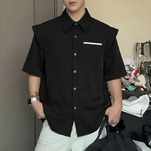 INCERUN Men's Dark Academia Cape Collared Shirt - Plain, Casual, Chic Black Smooth Fabric Menswear Top, Layered Designer Piece for Office, Daytime Gallery Opening, Black Shirts, Collared Shirts