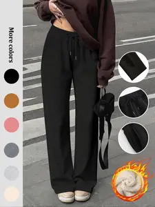 Women's Casual Straight Leg Fleece Lined Pants, Thickened Long Trousers for Fall & Winter, Daily Wear Fashion Sweatpants
