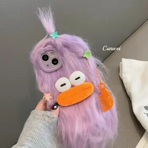 3D Funny Fluffy Plush Monster Plush Cover for iPhone, Fits iPhone 15 Pro Max, 14 Plus, 13, 12, 11, Soft Fur Shockproof Protective Stylish Phone Case with Blue Screen Protector, Mobile Phone Accessories