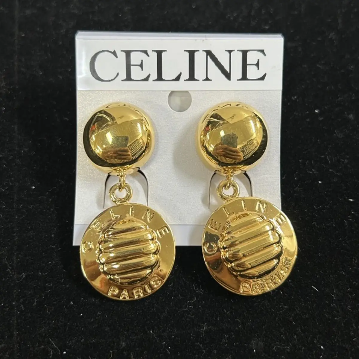 Pre-owned Celine As Shown Shoulder Bags Vintage Gold Ribbed Medallion Dangle Clip On Earrings 10267798