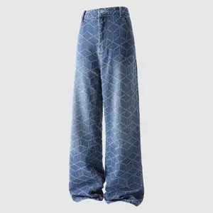 Men's High Cotton Y2K Geometric Jacquard Wide Leg Jeans, Retro Blue Denim Pants with 3D Cube Pattern Embroidery, Streetwear Casual Trousers for Men