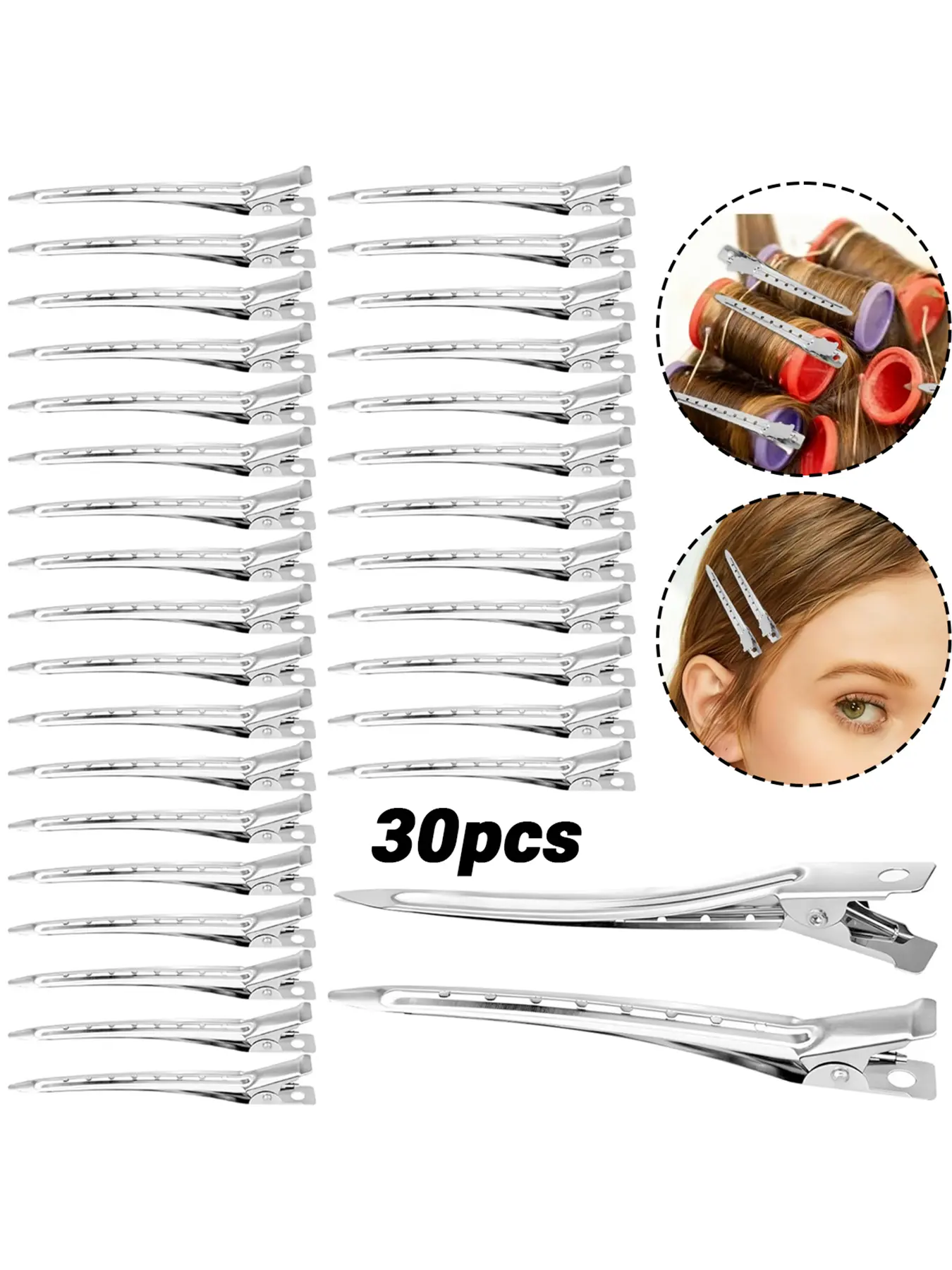 30Pack Duck Bill Hair Clips with Holes, 3.5" Metal Alligator Curl Clips, Clips for hair rollers, No-Mark Hold, Durable and light weight, for hair sectioning Styling, Pin Curl Clips, Hair Roller, Coloring, Salon, Hairstyle Accessory, Hair Clip Set